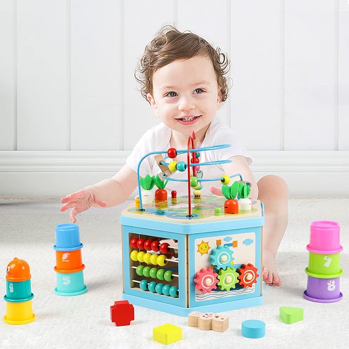 Wooden Activity Cube for 1 Year Old Kids, Educational Learning Bead Maze for Toddler Age 1-3, Developmental Montessori Toys for 12-36 Months Boys Girls Gift