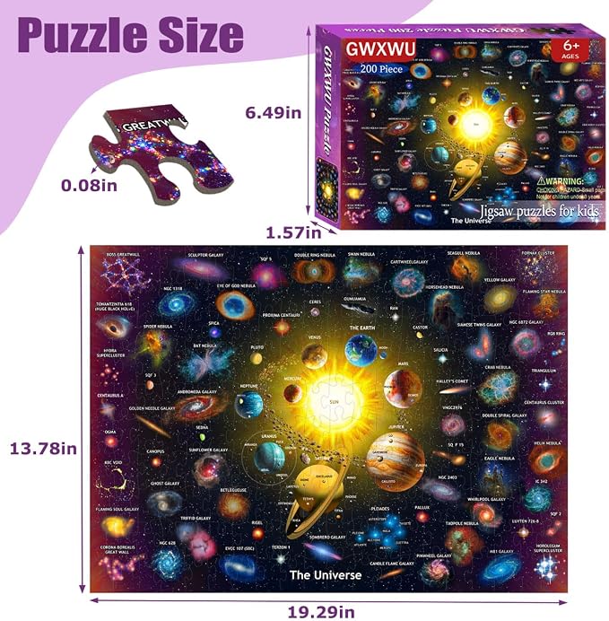 Puzzles for Kids Ages 6-8 and 8-10, 200 Piece Solar System Planets Learning Educational Jigsaw Puzzles, Educational Learning Toy for Boys and Girls