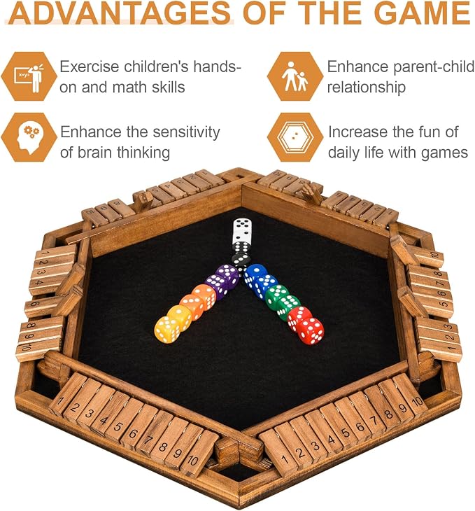 BIVOMON 1-6 Players Shut The Box Dice Game, Wooden Board Table Math Game for Kids Adult with 24 Dice, Close The Box Game for Family, Party, Christmas, Birthday