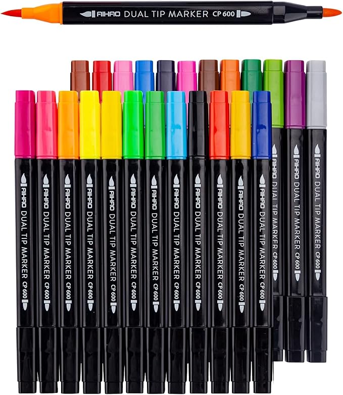 AIHAO Markers for Kids,Washable Markers With Stand Portable Box,Dual Tip Set, Brush & Fine Tips, 24 Pack, Art Supplies for Coloring, Doodling, Sketching, Drawing, Journaling