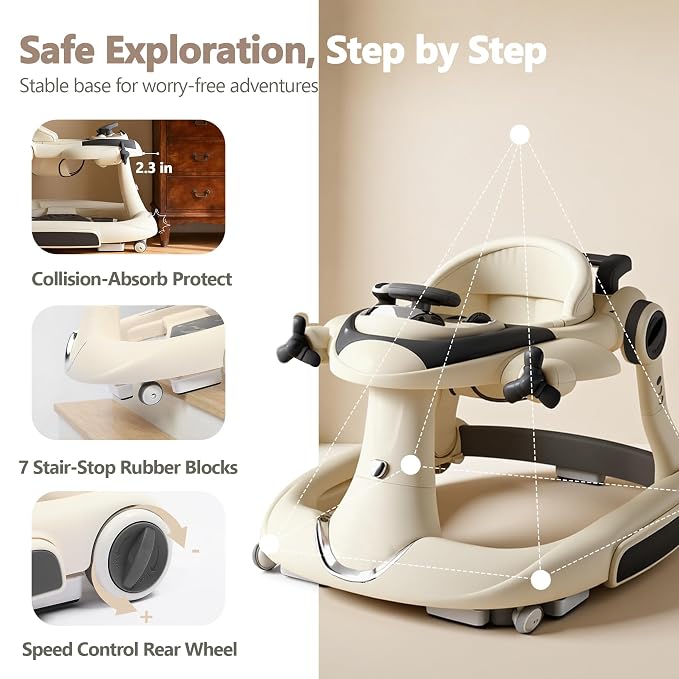 Kinder King 8-in-1 Baby Walker with Music & Lights, 3 Level Adjustable Height, Foldable Toddler Walker with Speed Adjustable Wheels, Easy to Clean, Baby Walkers for Boys & Girls 6-18 Months
