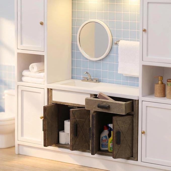 Dollhouse Furniture 1/12 Scale Miniature Sink Cabinet Wooden Bathroom Vanity Cabinet with Openable Drawer and Doors (Gray)