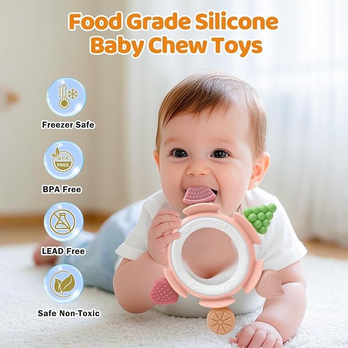 Baby Teething Toys for Babies 3-12 Months, Silicone Teething Rings for Babies, Infant Teether for Sore Gum Relief, Sensory Chew Toy Baby Teether, Baby Essentials Gift for Newborn Boys Girls, Pink