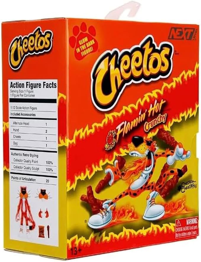 Jada Toys Cheetos Chester Cheetah Action Figure Flamin' Hot Glow in The Dark – 6” Articulated Exclusive, with Bag of Cheetos, Shades, Cheeto Dust