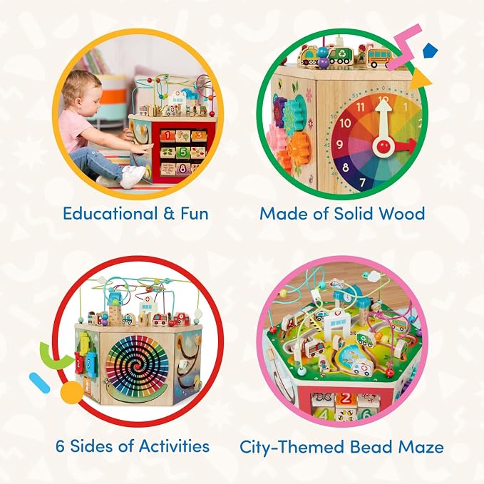 Battat – Wooden Activity Cube – CurioCity – Themed Activity Center – Educational Toys – Wooden Toys for Toddlers and Kids – 1 Year +