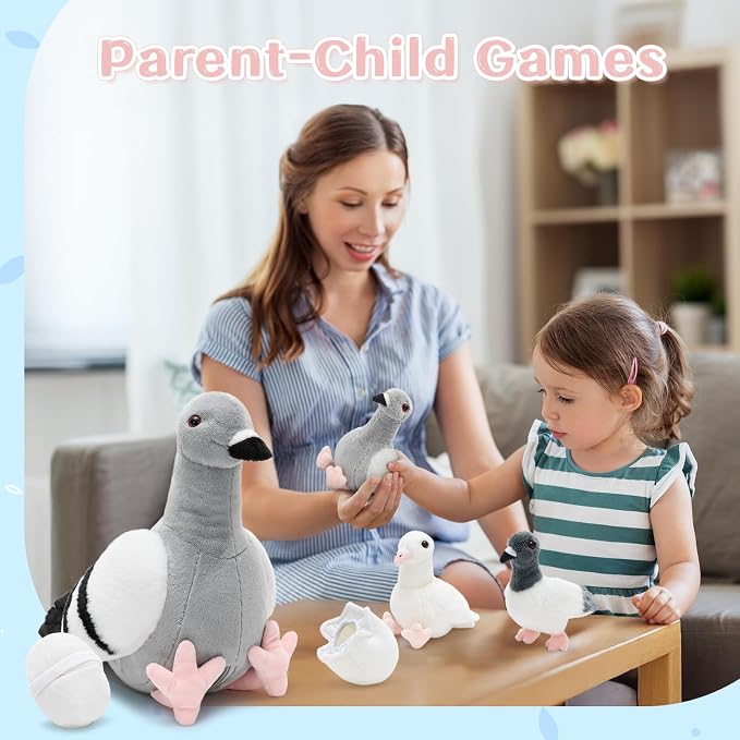 Tezituor 6-Piece Pigeon Stuffed Animal Set,Realistic Pigeon Plush Toy with 3 Baby Birds and Eggs,Soft Cuddly Dove Bird Plushie for Kids Girls Boys,Easter Valentine’s Day Christmas Birthday Gift, Grey