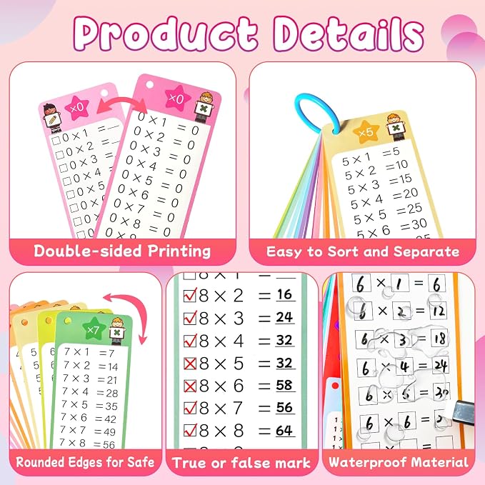 Multiplication Flash Cards 0-12, 15PCS Times Table Flash Cards Chart, with Dry Erase Markers Sorting Ring, 1st, 2nd, 3rd Grades Educational Math Multiplication Game for Kids Classroom Home