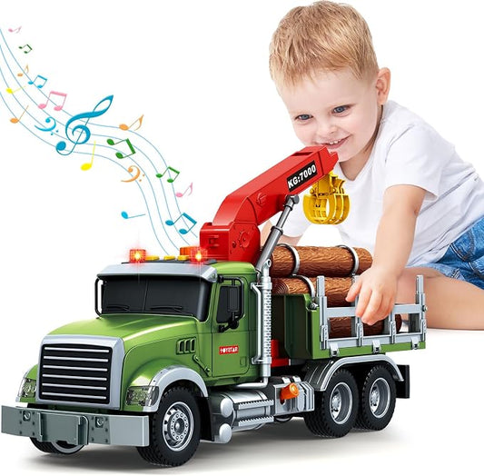 SpringFlower Toy for 3 4 5 6 Year Old Boys, Farm Truck Toy with Farm Trunk,Vehicle Timber Truck Toy with Loading Crane & Lights & Sounds, Kids Birthday Gifts for Boys Toddlers Girls