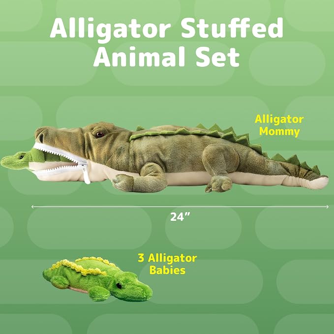 PREXTEX Stuffed Alligator Toy with 3 Baby Alligators - Alligator Plush Mommy with 3 Zippered Babies, Ideal Stuffed Animal for Boy or Girl Playtime - 3-5 Years