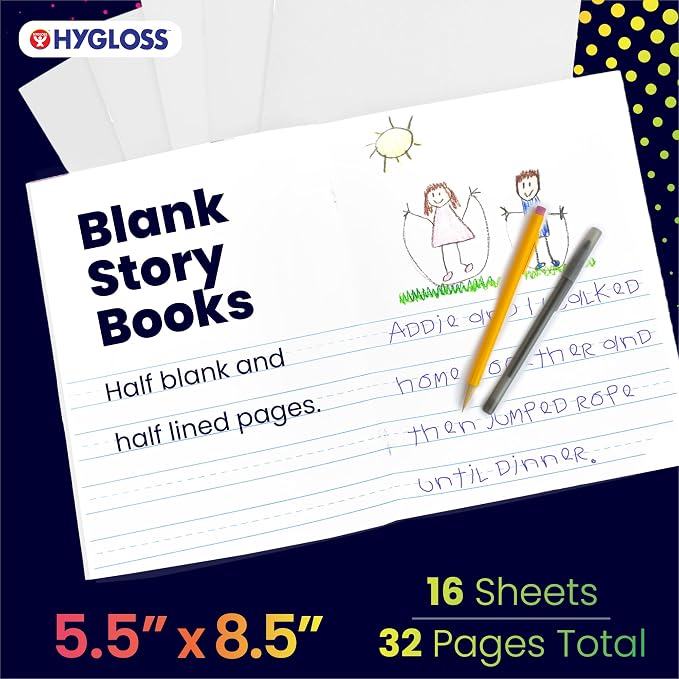 Hygloss Half Blank Books for Kids to Write Stories & Illustrate – Bulk 48 Pack – 5.5" x 8.5" A5 – Primary Journal for Grades K-2, Preschool/Kindergarten Notebook with Picture Space – 24 Pages, White