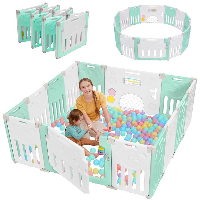 Dripex Baby Playpen, 14-Panel Foldable Playard for Toddlers 6-36 Months, Adjustable & Portable Indoor Outdoor Safety Play Area with Anti-Pinch Design, Game Panel and Safety Gate, Light Green White