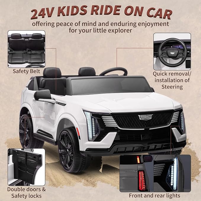 24V Ride On Car, Licensed Cadillac Battery Powered Electric Vehicle w/Remote Control, 2 Seater, 4-Wheel Shock Absorbers, Smooth Start, Music, LED Lights for Boys Girls