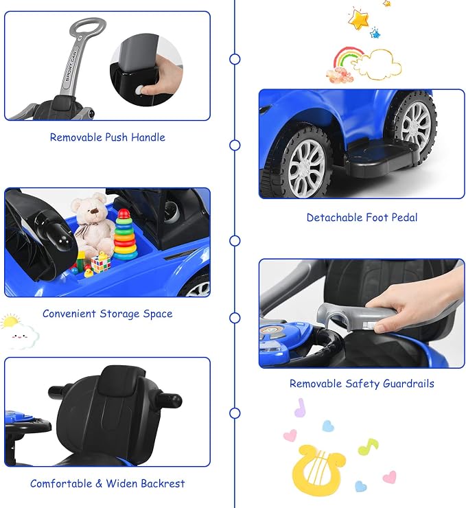 Costzon 3 in 1 Ride on Push Car, Stroller Sliding Walking Car with Horn, Music, Light, Under Seat Storage, Parental Handle, Armrest Guardrails, Ride on Toy for Boys & Girls (Blue)