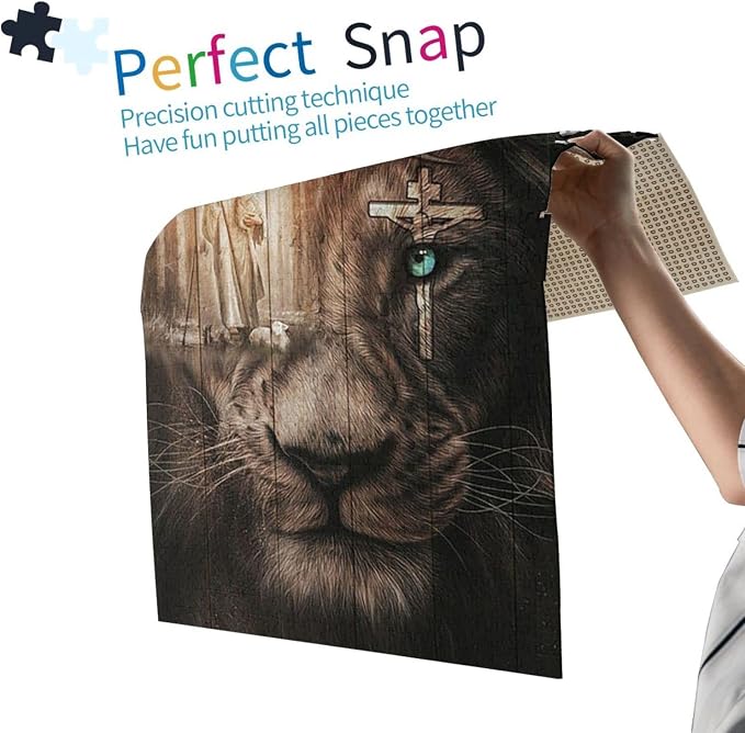 Jesus Awesome Lamb Lion and Cross On His Eye Jigsaw Puzzle 1000 Piece Wooden Puzzle Family Decorations, Unique Present Suitable for Children and Adults