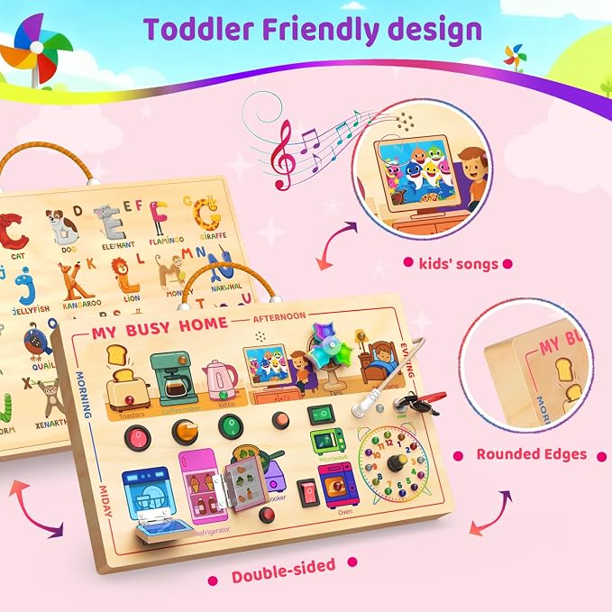 UdoUto My Busy Home Montessori Busy Board for Toddlers 1-3 - Wooden Sensory Activity Board with Kitchen Appliances, Switches, Clock | Educational Fine Motor Skill Toy for 1+ Year Old Girls