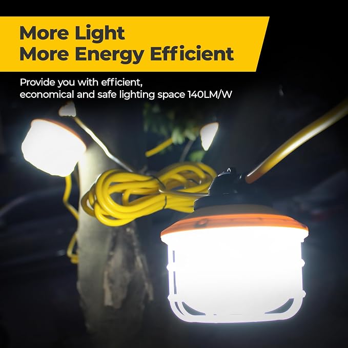 100FT 3 Prong 150W Construction String Lights with Switch, 10-Head LED Work Light, ETL Certified, 18/3 SJTW Cord, IP65 Waterproof, Linkable up to 6 Sets, for Jobsite, Attic, Garage