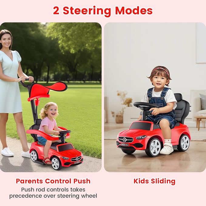 OLAKIDS Push Car for Toddlers, 3 in 1 Licensed Mercedes Benz Baby Sliding Walking with Parent Control Handle Adjustable Canopy Guardrail Under Seat Storage, Kids Ride on Toys with Horn (Red)