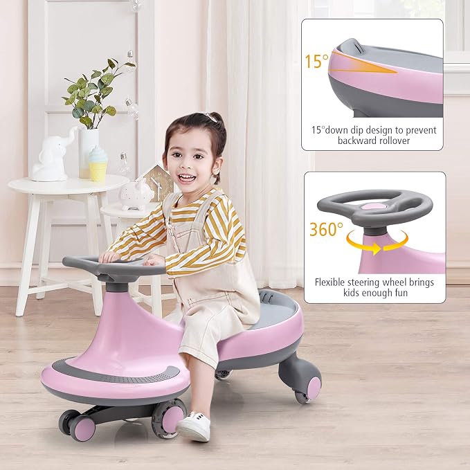 BABY JOY Wiggle Car for Kids, Swing Car with LED Flashing Wheels, No Batteries, Gears or Pedals, Uses Twist, Turn, Wiggle Movement to Steer, Ride-on Toy for Boys Girls 3 Year Old and Up (Pink)