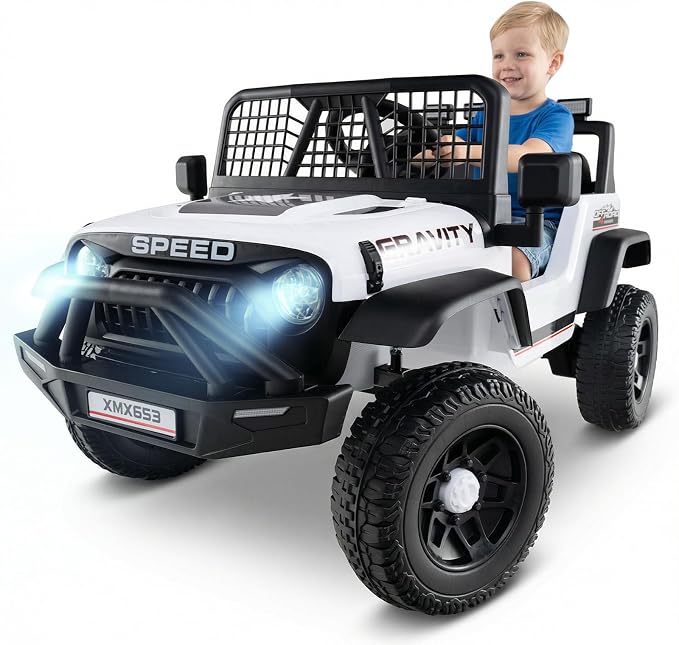 OLAKIDS 24V Ride on Car with Remote Control, Bluetooth, LED Lights, Horn, Spring Suspension, High/Low Speeds, Soft Start for Kids Aged 3+ (White)