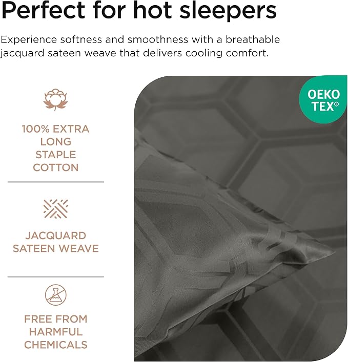 Threadmill 100% Cotton Sheets for Queen Size Bed - 600 Thread Count Queen Bed Sheets Set with 16” Deep Pocket - Jacquard Sateen Weave 4-Piece Bedding Set with Cooling Effect, Dark Grey