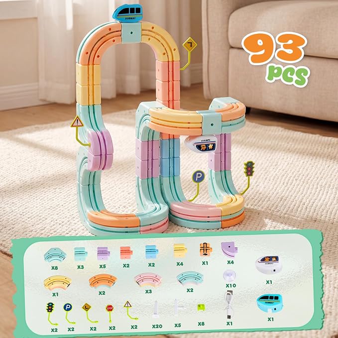 Hot Bee Electric Train Set for Kids, Gravity-Defying 3D Train Track Set with 93PCS Flexible Snap-On Tracks, USB Rechargeable Motorized Car, STEM Building Toy Birthday Gifts for Boys Girls 3 4 5 6 7 8+