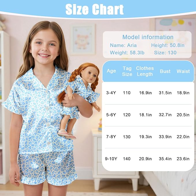 ICOSY Matching Doll & Girls Silk Pajamas Satin Pjs for Girls Button-Down Top and Shorts for 18" Doll Girl Clothes