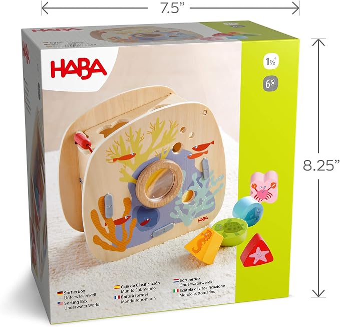 HABA Underwater World Wooden Toys Shape Sorter: Montessori Toys for 2 Year Old, Sensory Sorting Box with Sea Creature Blocks for Toddlers 18 Months+