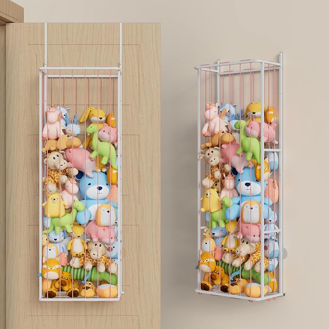 SWTYMIKI Hanging Stuffed Animal Storage - Over Door Large Plush Toy Organizer, Wall Mounted or Corner Stuffie Storage for Nursery, Doll & Bear Plush Organizer for Kid Room Bedroom (Pink, 3-Tier)
