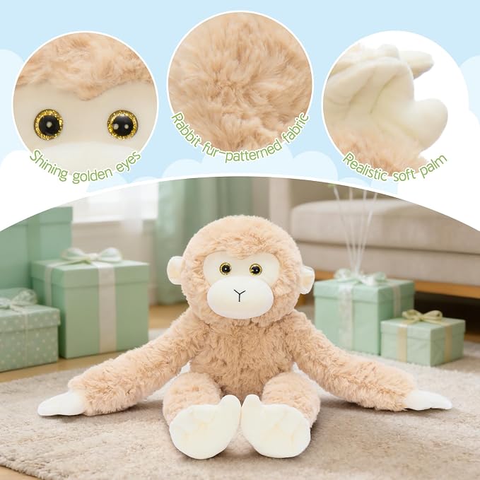 MorisMos 3Pcs Hanging Monkey Stuffed Animal Plush Toys, 16" Stuffed Monkey with Long Hands – Wearable & Huggable, Soft Cuddly Monkey Plushies for Home Decor, Christmas Birthday Gift for Kids Adults