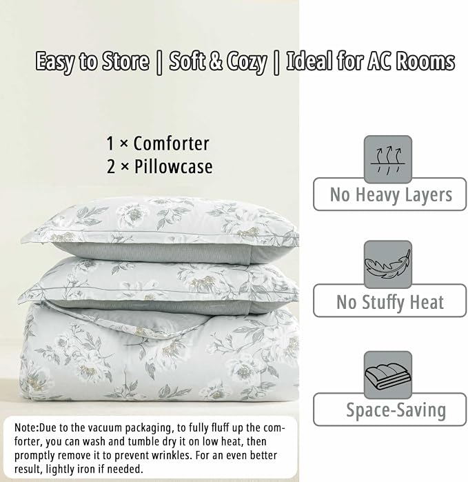 LEMIROE Floral Cotton Comforter King Size - Light Grey Comforter Printed with Vintage Ivory Flowers & Dark Yellow Stamens,Reversible Lightweight Bedding Sets 3Pcs(104"×90")