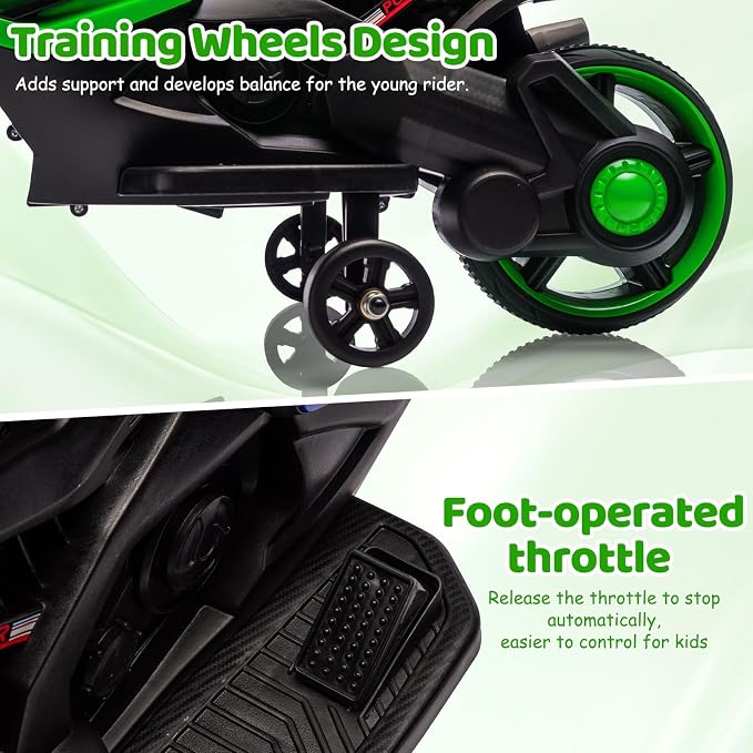 GarveeLife 6V Kids Motorcycle, Electric Ride On Car Toy with Training Wheels, Working Headlight, Horn & Music, Battery Powered Ride On Motorcycle Toy for Toddler Kids Boys Girls Ages 3-5, Green