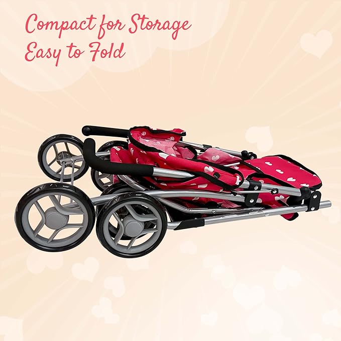 Baby Doll Stroller for Toddler Girls & Big Kids up to 8 Years Old | 28” Baby Stroller for Dolls, Toy Baby Stroller with Cute Pink Hearts Pattern, Storage Basket, Canopy, Handle Grips, Swivel Wheels