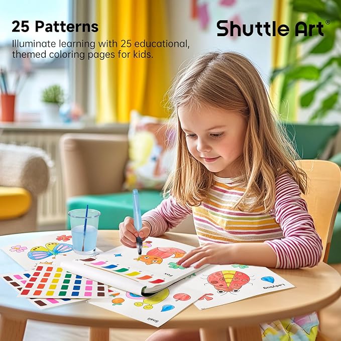 Shuttle Art Paint with Water Coloring Book for Kids, 25 Animals Themed Pages with 2 Brushes, Mess-Free Watercolor Paint Set, Travel-Friendly Art Craft Gift for Toddlers, Birthday Christmas Gift