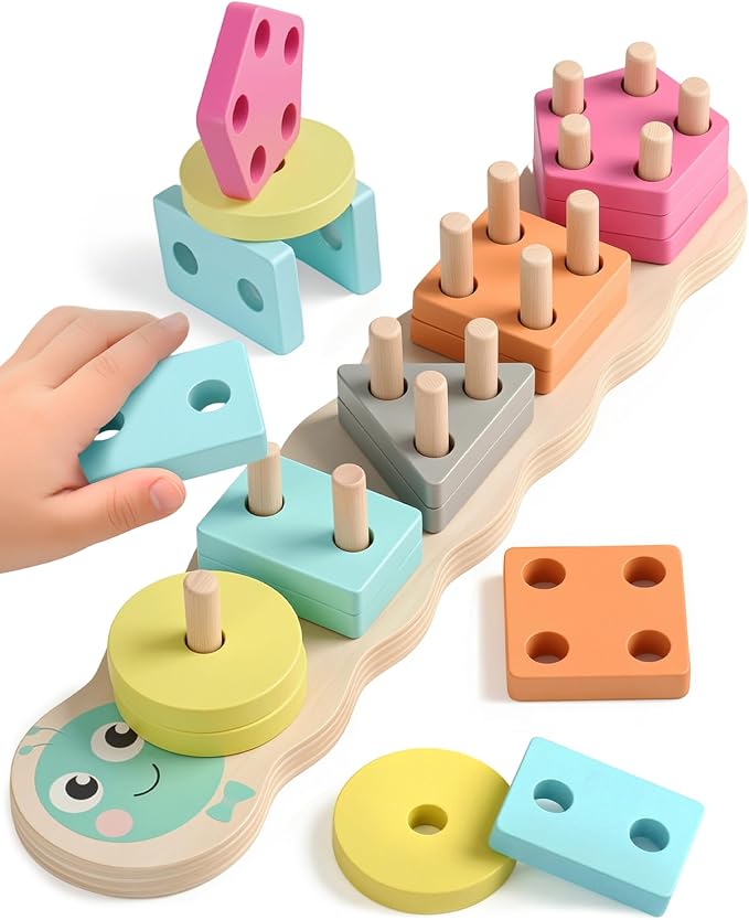Zeewoo Montessori Toys for 1 2 Year Old Girl Gifts Educational for 1-3 Year Old Caterpillar Wooden Shape Sorter Stacking Toys for Toddlers 2-4 Preschool Learning Toy Birthday Boy Girl Gift