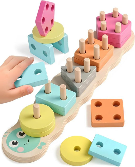 Zeewoo Montessori Toys for 1 2 Year Old Girl Gifts Educational for 1-3 Year Old Caterpillar Wooden Shape Sorter Stacking Toys for Toddlers 2-4 Preschool Learning Toy Birthday Boy Girl Gift