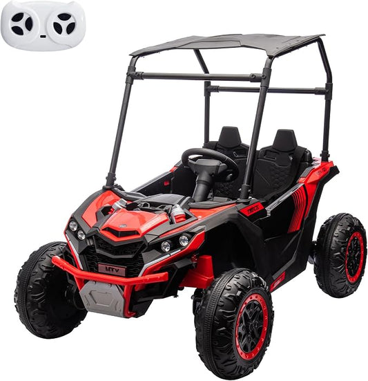 Garvee 24V 2-Seater Kids Ride on Car with Remote Control 4WD Electric Truck with Sun Shade Ride on Toy Off-Road UTV with 4-Wheel Shock Absorber, LED Lights, Music