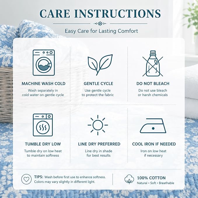 King Size Quilt Set Blue - 100% Cotton Floral Quilt Set, Scalloped Farmhouse Quilts King Size, Lightweight Bedspread Set,Reversible King Bedspread, All Season, Light Blue White, 3-Piece Quilt Set