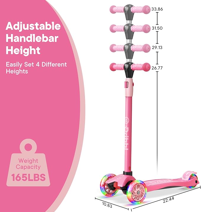 Dribbl 3-Wheel Kids Scooter - Lean-to-Steer Technology, Adjustable Height Handlebar, Wide Anti-Slip Deck, Scooter for Boys & Girls Ages 3+, Child Safety Approved, Support Riders Up to 165 lbs, Pink