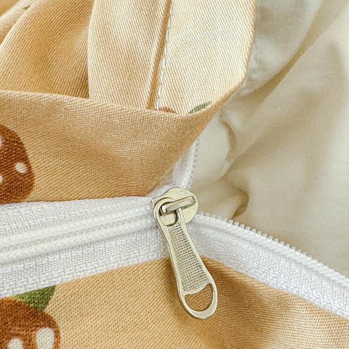 LIWHENHAO Mushroom Duvet Cover Set Queen 100% Cotton Bedding Cartoon Brown Mushroom Red Flowe on Beige 1 Cute Kawaii Plant Garden Comforter Cover Full 2 Pillowcases for Kids Girls Boys Woman