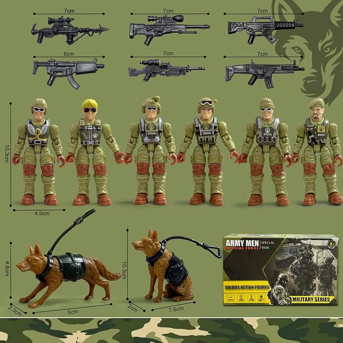 Army Men Action Figures,Toy Soldiers for Boys Age 4-7,Military Playset,Plastic Army Men Toys with 2 Dog Figures 6 Weapons Birthday Gift for Military Collectors Boys 6-8