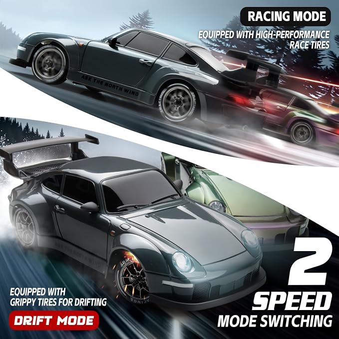 RC Drift Car, 1/24 Widebody Grey Remote Control Drift Car for Adults Kids, 4WD 20KM/H High Speed RC Sports Cars with LED Lights, Extra Racing Tires, Vehicle for Boys Beginners Indoors Outdoors