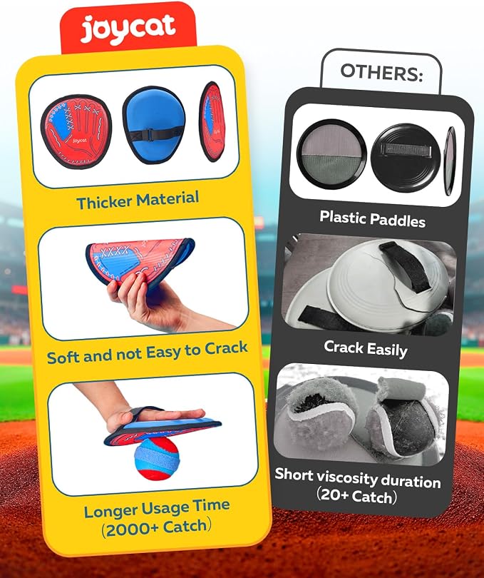 JoyCat Toss and Catch Ball Game for Kids, 2 Paddle Sticky Ball Set, Toddler Baseball Catch Toy, Outdoor Game for Beach, Yard & Camping, Sports Birthday Gifts for Boys Girls Ages 3-12