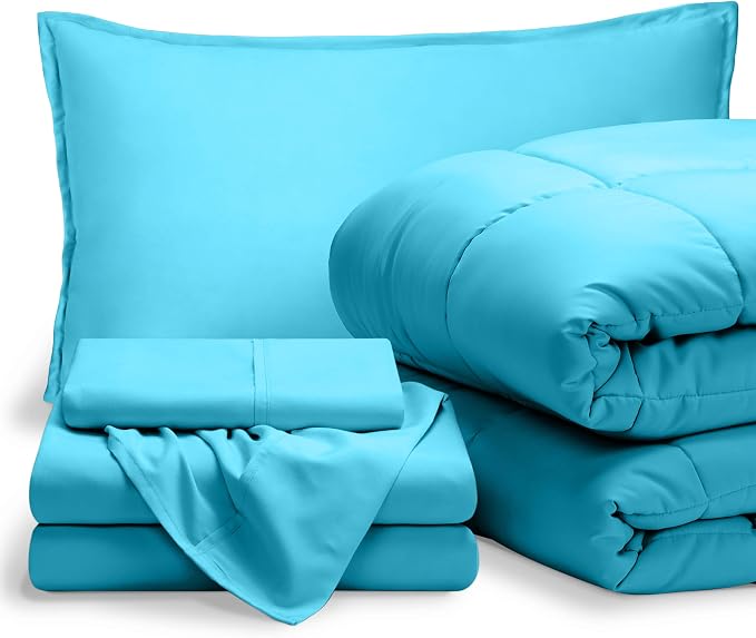 Bare Home Bed-in-A-Bag 5 Piece Comforter & Sheet Set - Twin XL - Goose Down Alternative - Ultra-Soft 1800 Premium Bed Set (Twin XL, Aqua/Aqua)