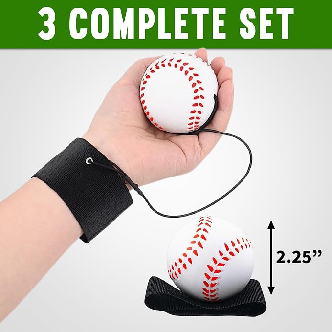 Playbees Reactive Practice Baseballs (3 Pack) – Personal Wrist Return Trainer for Solo Pitching & Catching Practice – High-Elastic Training Ball for Kids & Beginners – Compact Travel Set