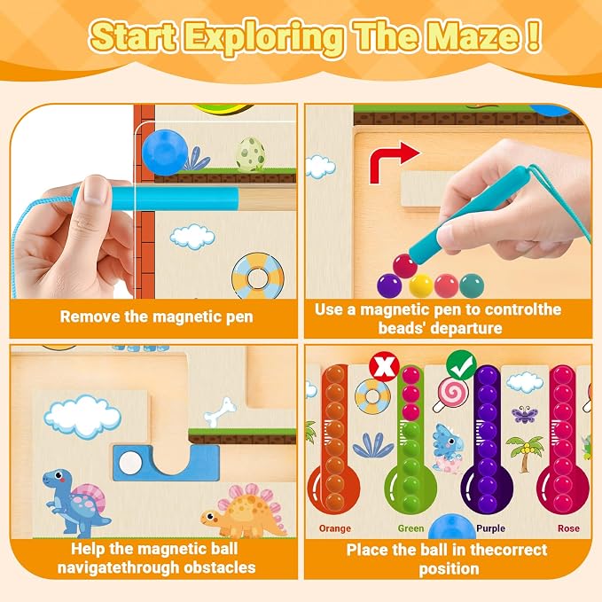 MEGRANATE Montessori Magnetic Color and Number Maze Toys Wooden Shape Sorter Game for Toddler Magnet Balls Puzzle Board Educational Sensory Learning Toy for 3+ Years Old Kids