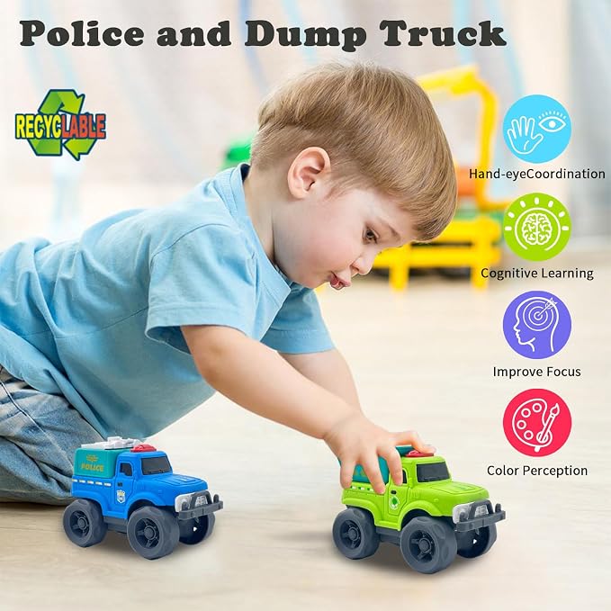 Aigitoy 2 Pack Toddler Cars for 1-3 Years, Dump Truck & Police Truck | Construction Vehicles, NO BPA, Phthalates, PVC, Recycled Plastic Toy, 18M+ Outdoor Toys, Xmas Birthday Gift for Boys Girls