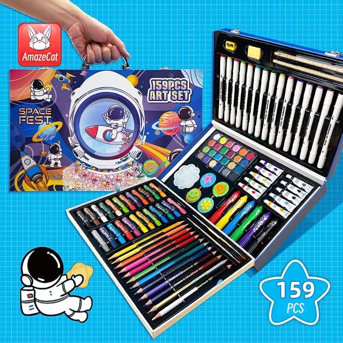 AmazeCat Art Supplies,159-Piece Deluxe Art Set,Drawing &Painting Kits for Kids,Gift Box for Adults Artists Kids Teens Girls Boys 4-12