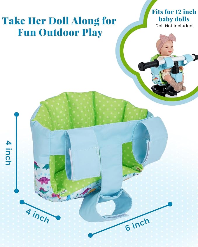 BABESIDE Doll Bike Seat for 12 Inch Dolls, Dinosaur Doll Carrier for Kids Bike and Scooter, Baby Doll Accessories for Outdoor Play, Doll Bicycle Seat Gift for Girls Age 3+