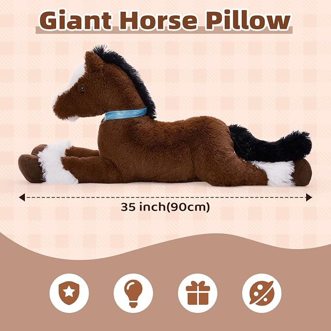 Tezituor 35Inches Large Horse Stuffed Animal, 3 Feet Realistic Stuffed Pony Plush Toy, Hugging Soft Chocolate Horse Plush Body Pillow Gift for Kids Girlfriend
