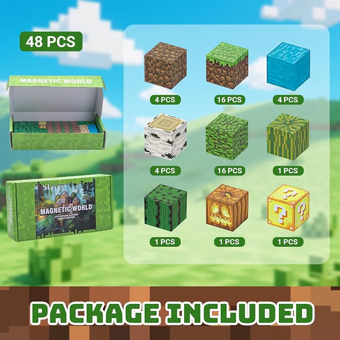 48PCS Magnetic Building Blocks for Kids 3-8 | Super Strong Magnets, STEM Educational Magnet Cubes, Minecraft-Style Construction Toy, Non-Toxic Sensory Play, Birthday Gifts for Boys & Girls